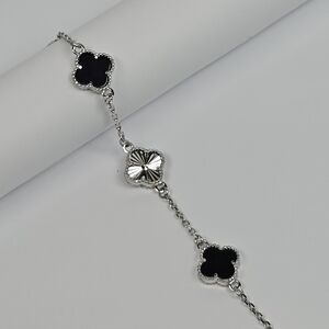 Van Clover Bracelet Black Onyx & Silver Flower Insp. 925 Sterling Silver 18-21cm